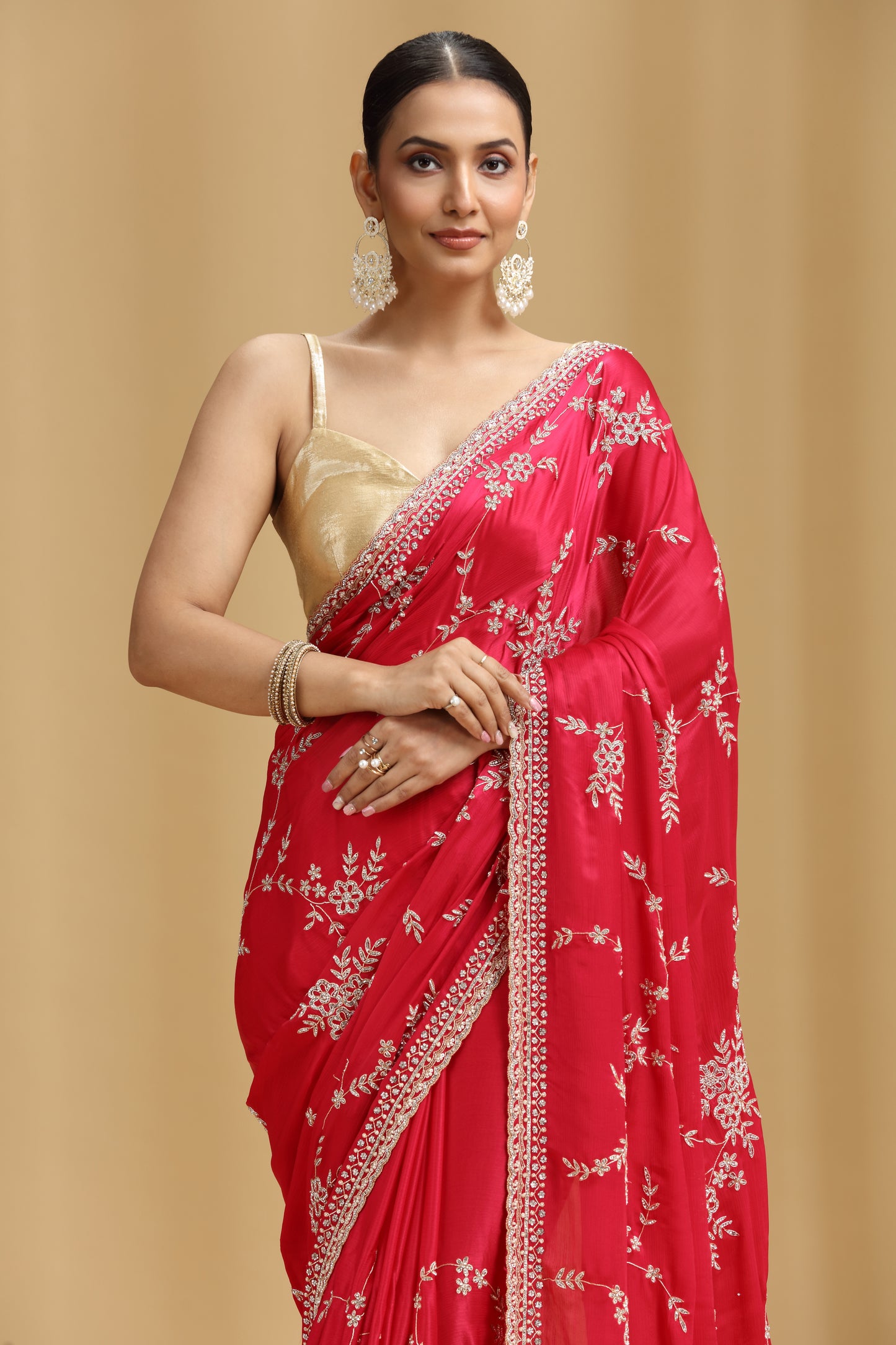 Pink Crepe Saree with Cutdana, Pearls & Stone Detailing and Unstitched Blouse