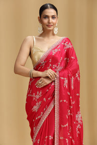 Pink Crepe Saree with Cutdana, Pearls & Stone Detailing and Unstitched Blouse