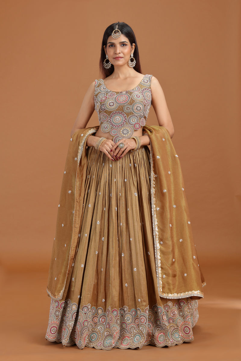 Dust Gold Tissue Lehenga Set with Aari, Sequins & Pearl Work