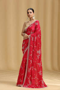 Pink Crepe Saree with Cutdana, Pearls & Stone Detailing and Unstitched Blouse