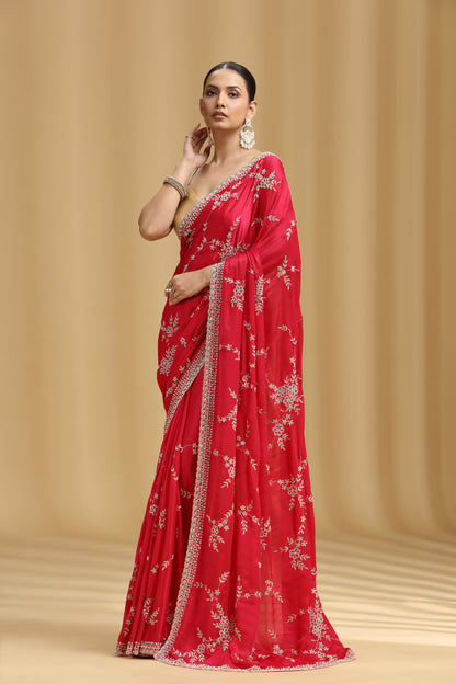 Pink Crepe Saree with Cutdana, Pearls & Stone Detailing and Unstitched Blouse