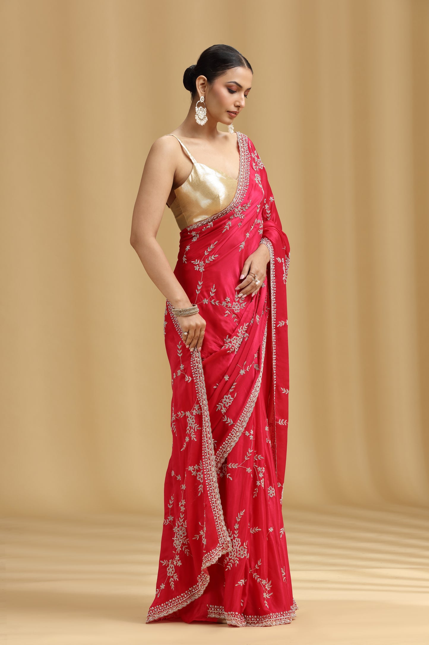 Pink Crepe Saree with Cutdana, Pearls & Stone Detailing and Unstitched Blouse