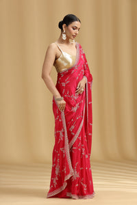 Pink Crepe Saree with Cutdana, Pearls & Stone Detailing and Unstitched Blouse