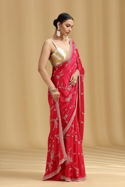 Pink Crepe Saree with Cutdana, Pearls & Stone Detailing and Unstitched Blouse