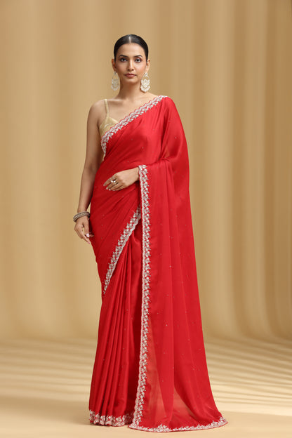 Red Crepe Saree with Sequins & Stone Detailing and Unstitched Blouse