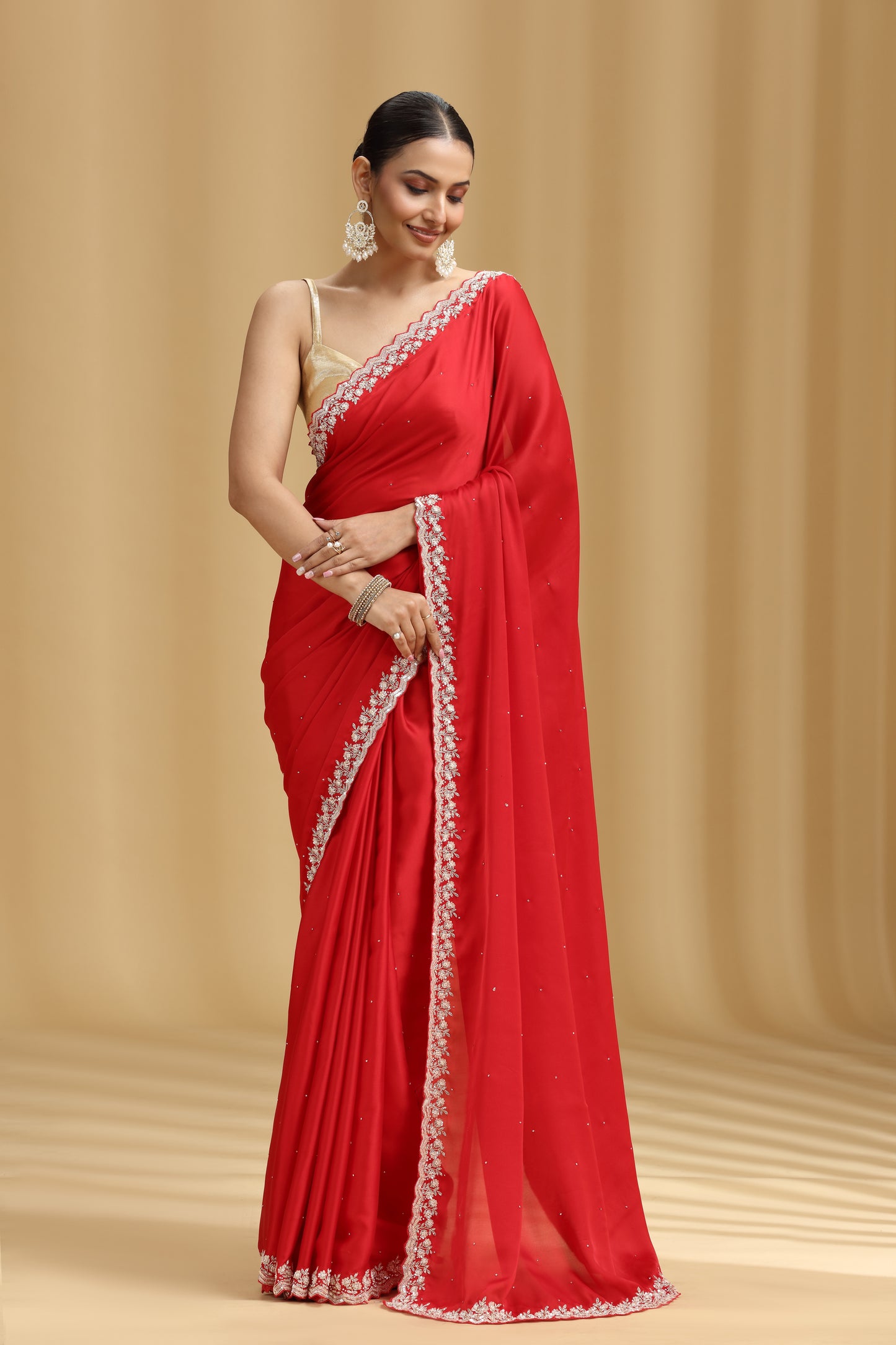 Red Crepe Saree with Sequins & Stone Detailing and Unstitched Blouse