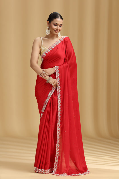 Red Crepe Saree with Sequins & Stone Detailing and Unstitched Blouse