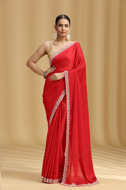 Red Crepe Saree with Sequins & Stone Detailing and Unstitched Blouse