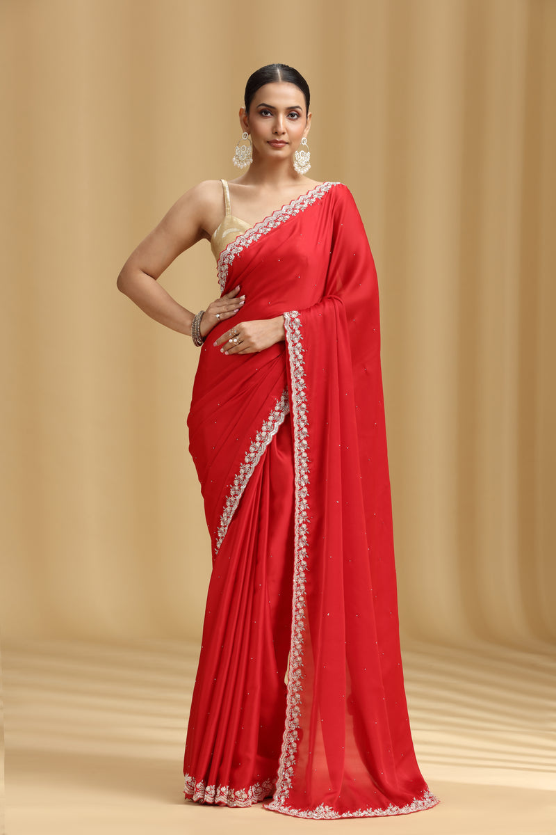Red Crepe Saree with Sequins & Stone Detailing and Unstitched Blouse
