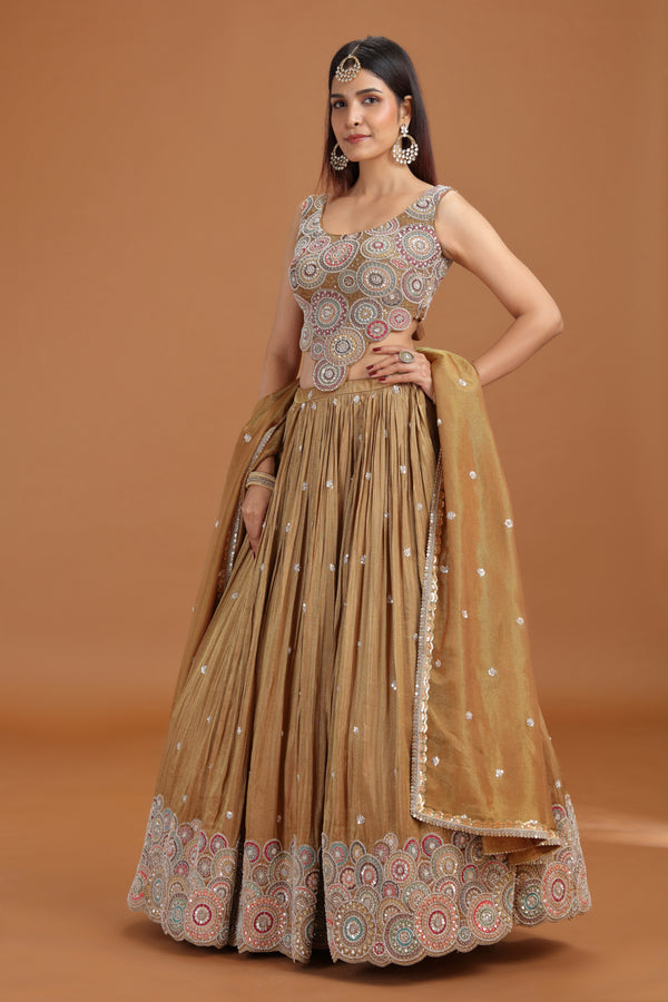 Dust Gold Tissue Lehenga Set with Aari, Sequins & Pearl Work