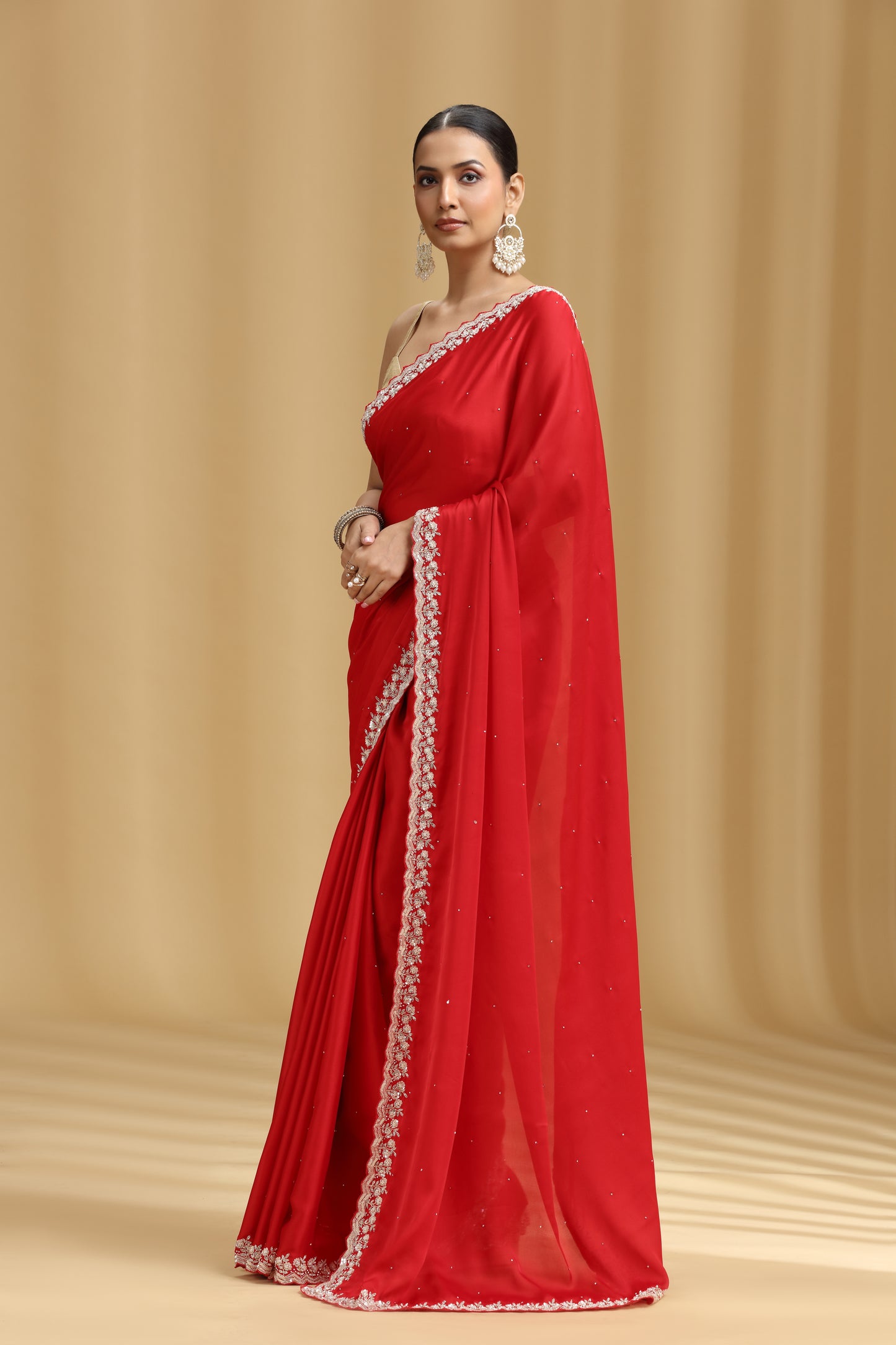 Red Crepe Saree with Sequins & Stone Detailing and Unstitched Blouse