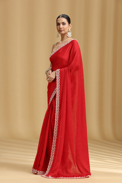 Red Crepe Saree with Sequins & Stone Detailing and Unstitched Blouse