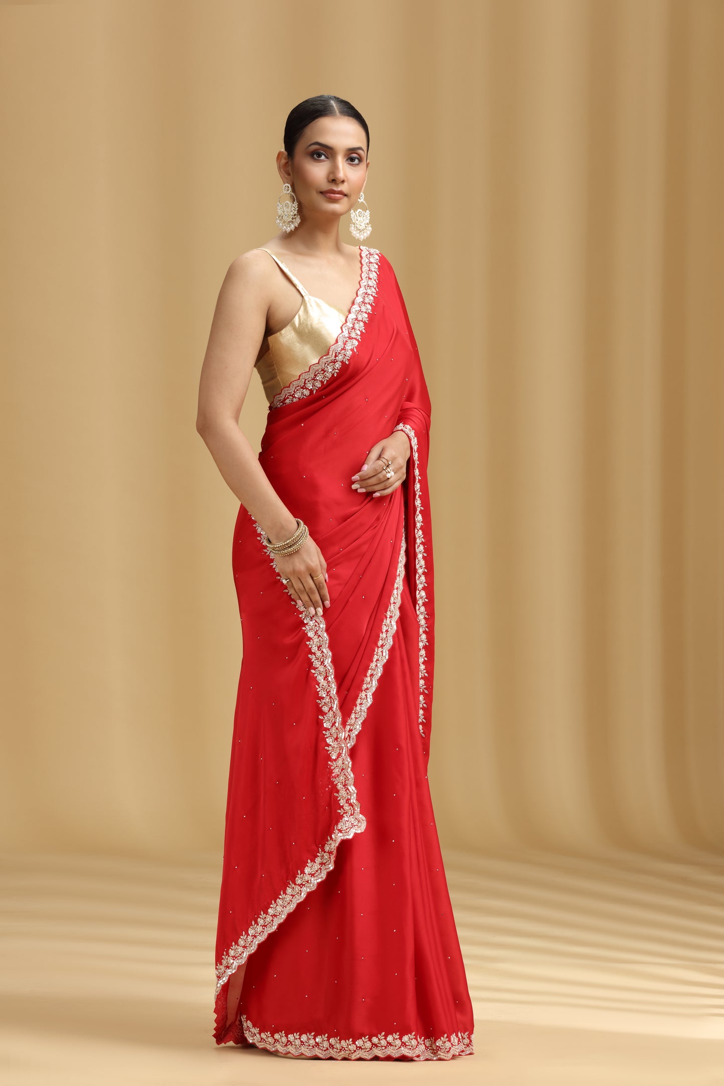 Red Crepe Saree with Sequins & Stone Detailing and Unstitched Blouse
