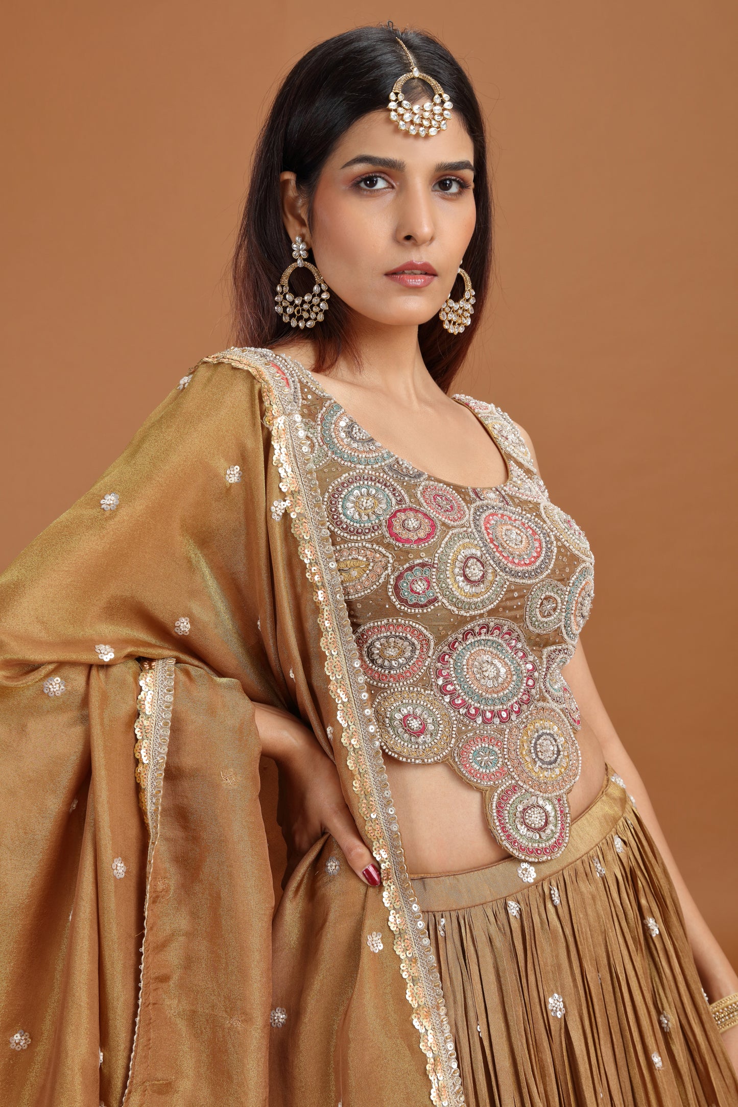 Dust Gold Tissue Lehenga Set with Aari, Sequins & Pearl Work