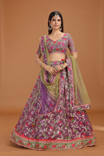 Purple Banarasi Silk Lehenga Set with Net Dupatta & Heavy Work