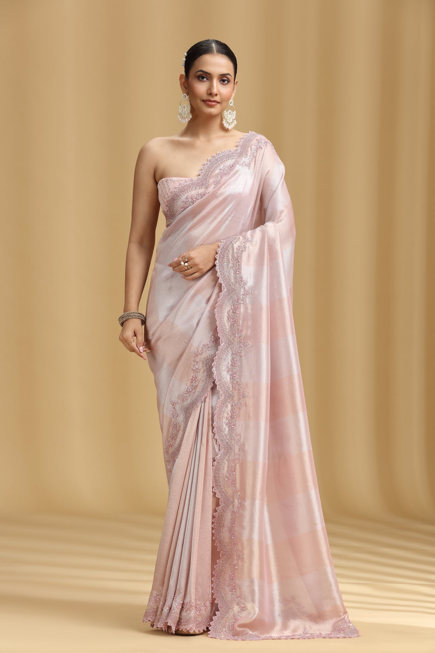 Rose Pink Tissue Organza Saree with Cutdana & Stone Work (Unstitched)