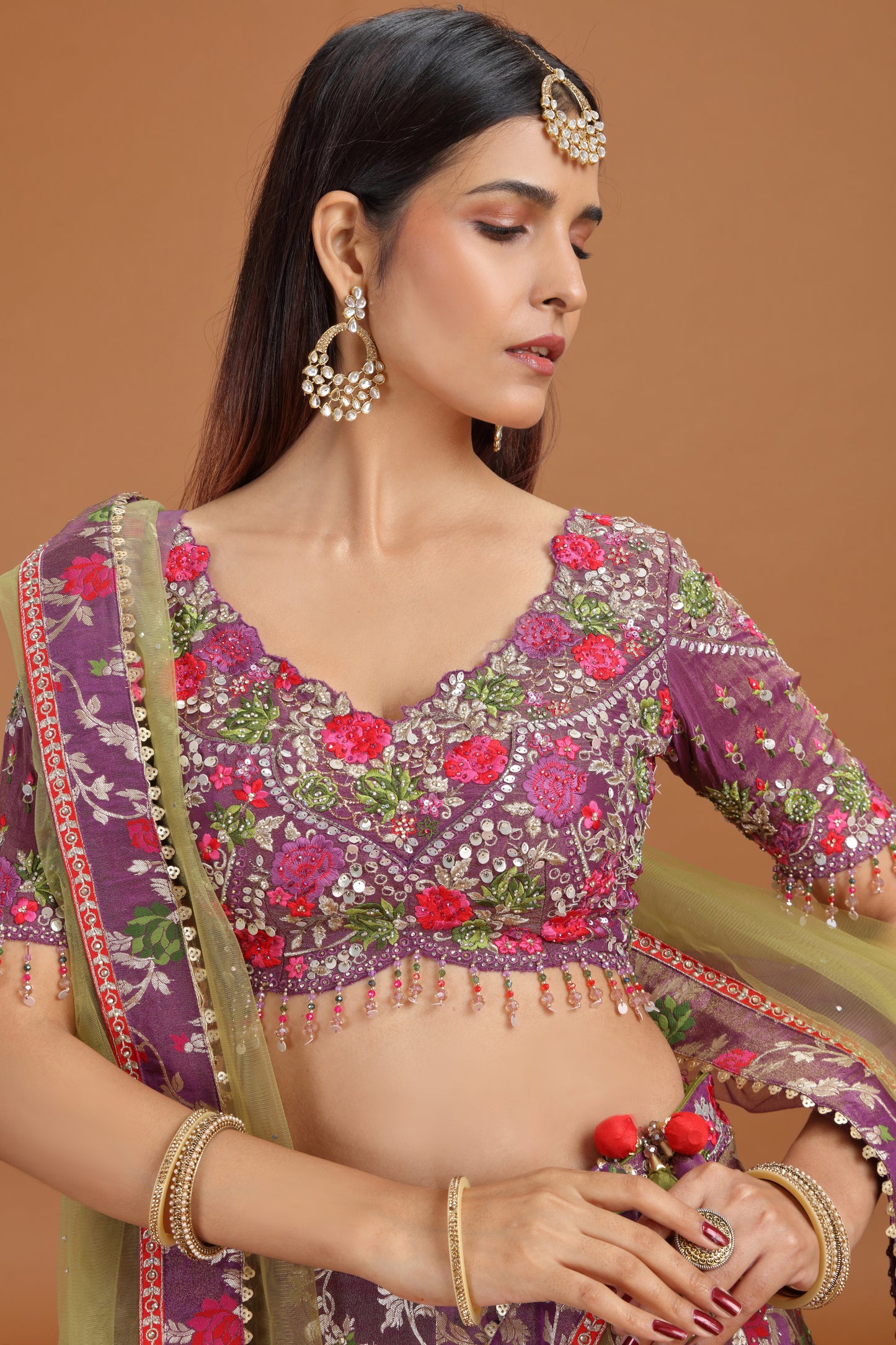 Purple Banarasi Silk Lehenga Set with Net Dupatta & Heavy Work