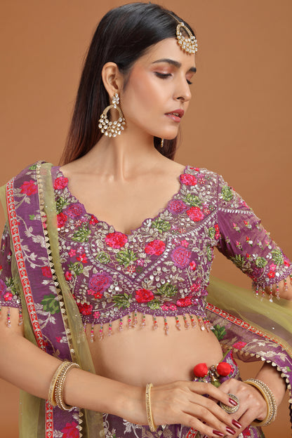 Purple Banarasi Silk Lehenga Set with Net Dupatta & Heavy Work