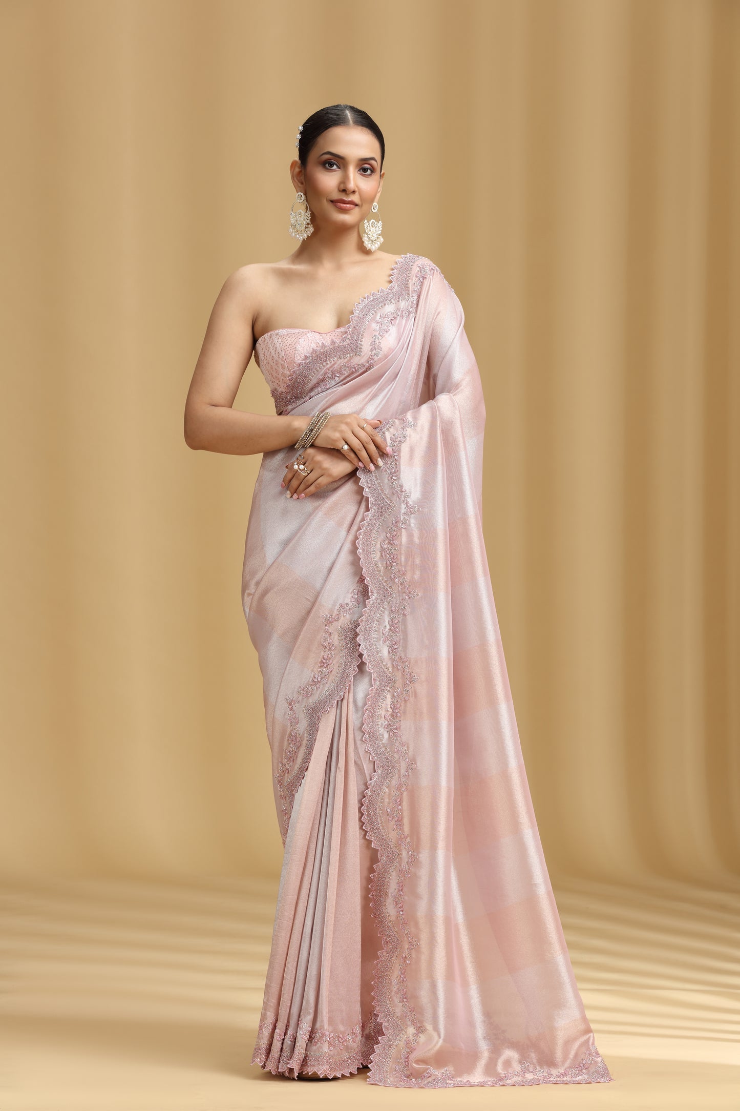 Rose Pink Tissue Organza Saree with Cutdana & Stone Work (Unstitched)