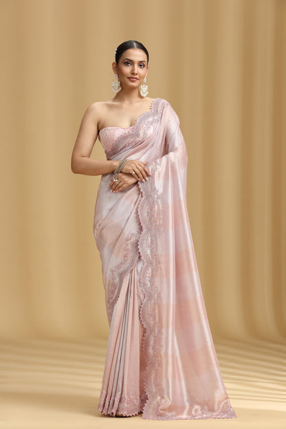 Rose Pink Tissue Organza Saree with Cutdana & Stone Work (Unstitched)