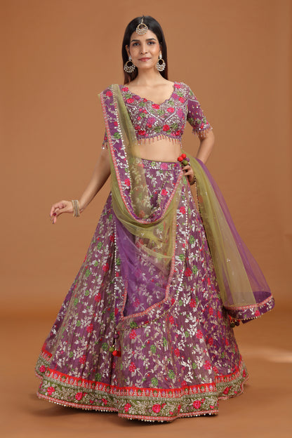 Purple Banarasi Silk Lehenga Set with Net Dupatta & Heavy Work