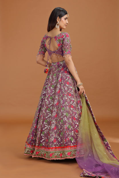 Purple Banarasi Silk Lehenga Set with Net Dupatta & Heavy Work