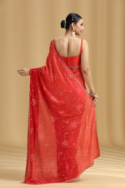 Red Ombre Crepe Saree with Cutdana, Stone & Tikki Work (Unstitched)