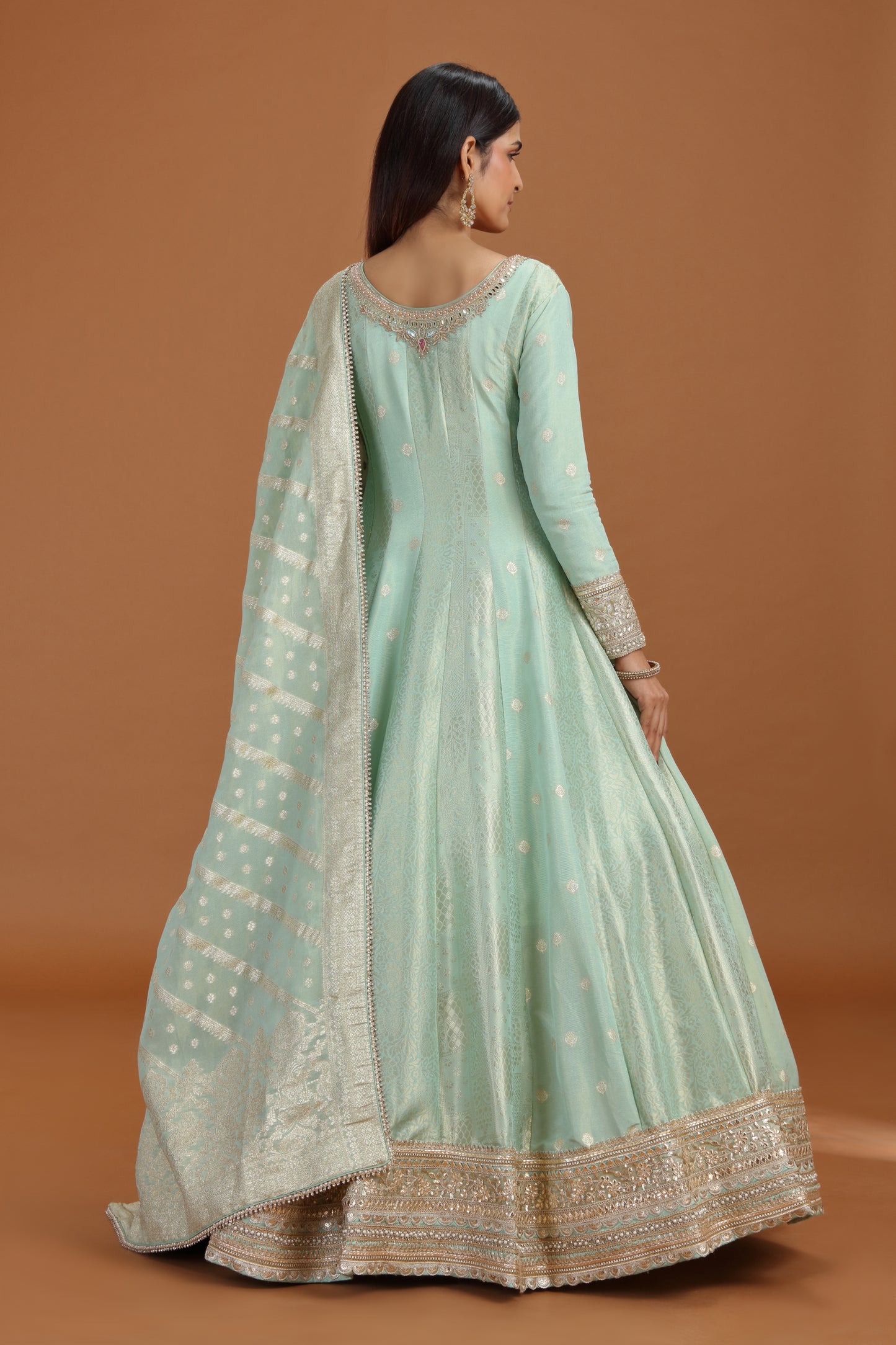 Pista Green Banarasi Silk Gown with Mirror, Sequins & Pearl Work