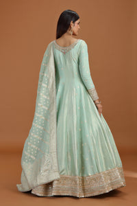 Pista Green Banarasi Silk Gown with Mirror, Sequins & Pearl Work