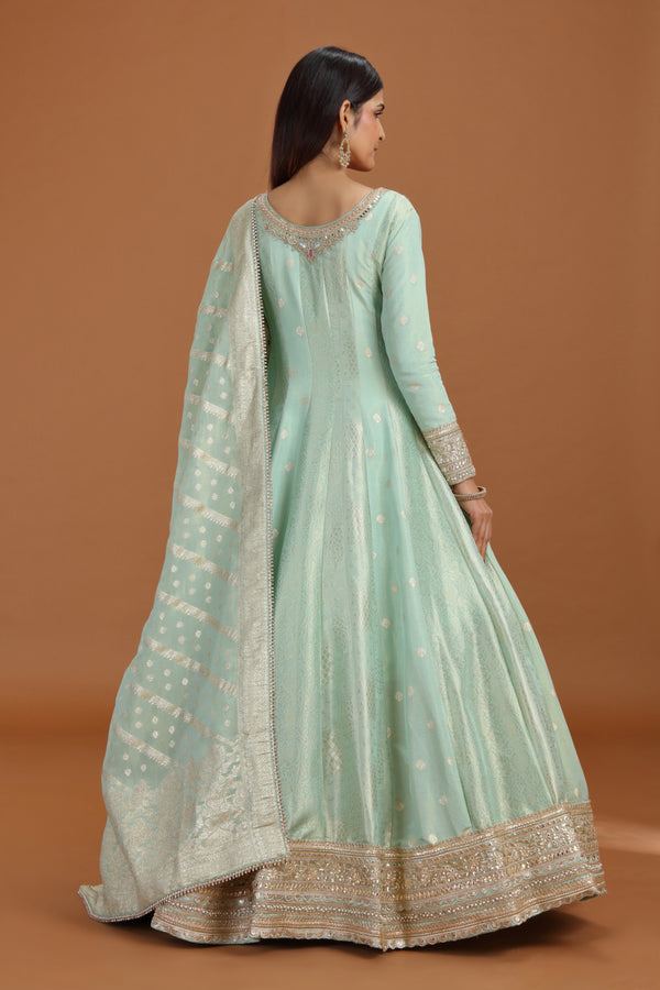 Pista Green Banarasi Silk Gown with Mirror, Sequins & Pearl Work