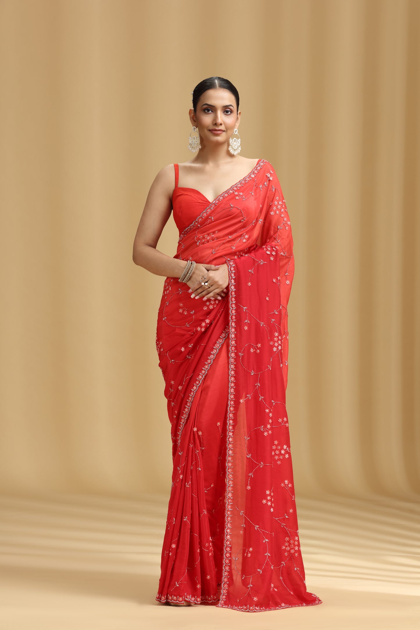 Red Ombre Crepe Saree with Cutdana, Stone & Tikki Work (Unstitched)