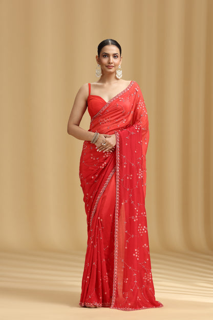 Red Ombre Crepe Saree with Cutdana, Stone & Tikki Work (Unstitched)