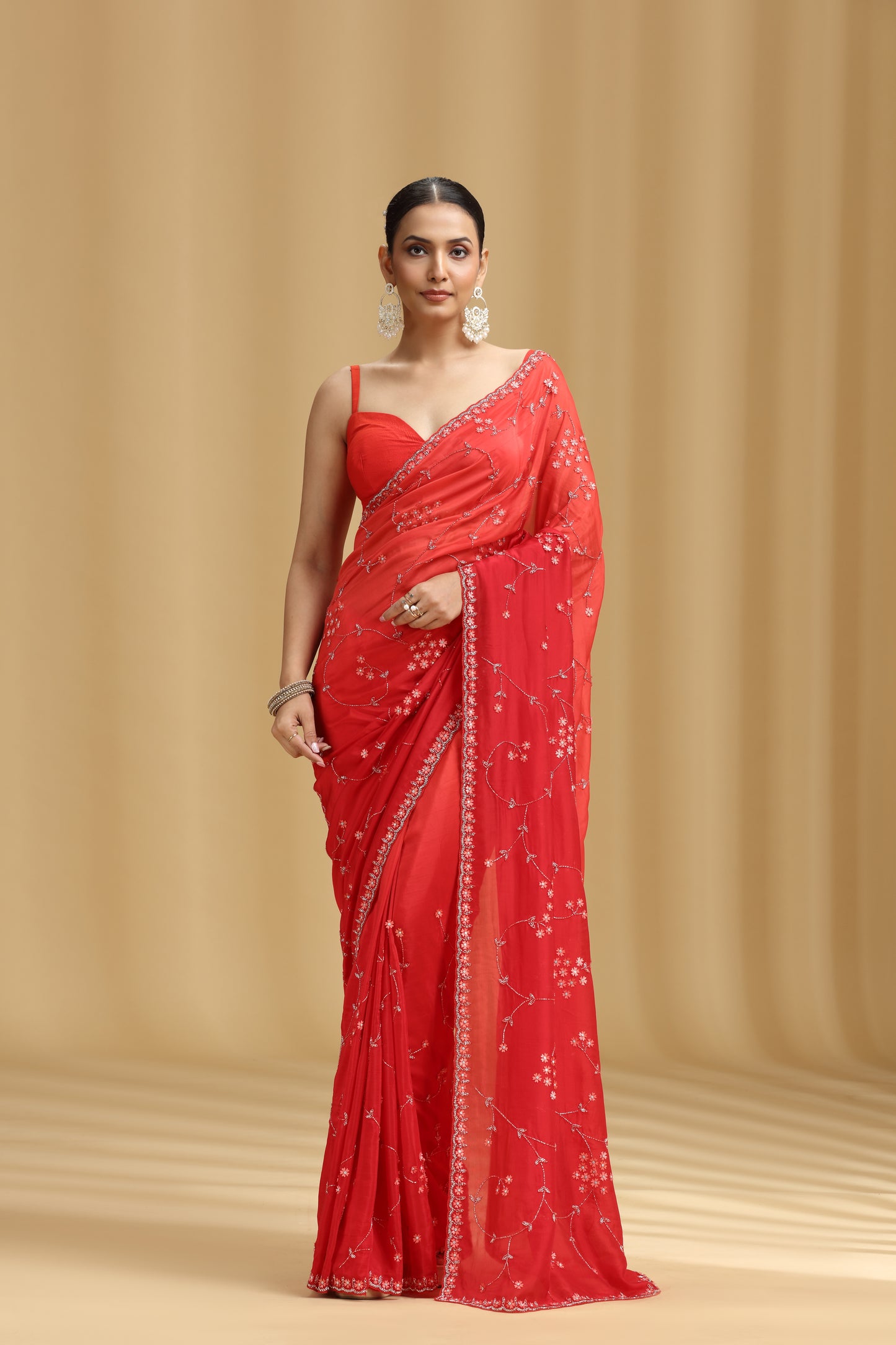 Red Ombre Crepe Saree with Cutdana, Stone & Tikki Work (Unstitched)