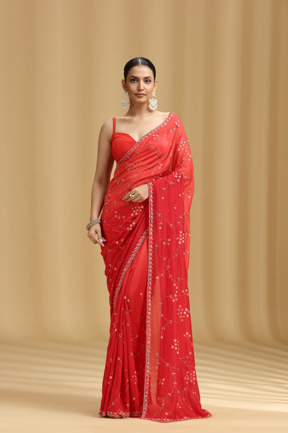 Red Ombre Crepe Saree with Cutdana, Stone & Tikki Work (Unstitched)