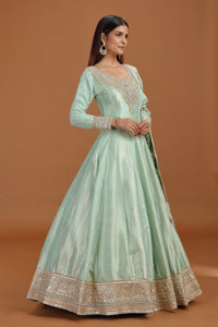 Pista Green Banarasi Silk Gown with Mirror, Sequins & Pearl Work