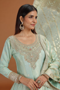 Pista Green Banarasi Silk Gown with Mirror, Sequins & Pearl Work