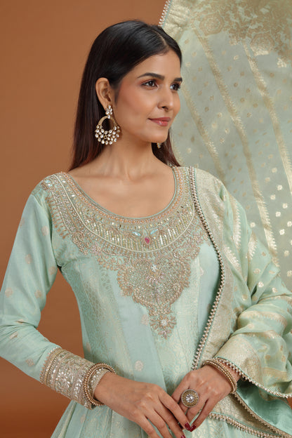 Pista Green Banarasi Silk Gown with Mirror, Sequins & Pearl Work