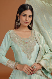 Pista Green Banarasi Silk Gown with Mirror, Sequins & Pearl Work