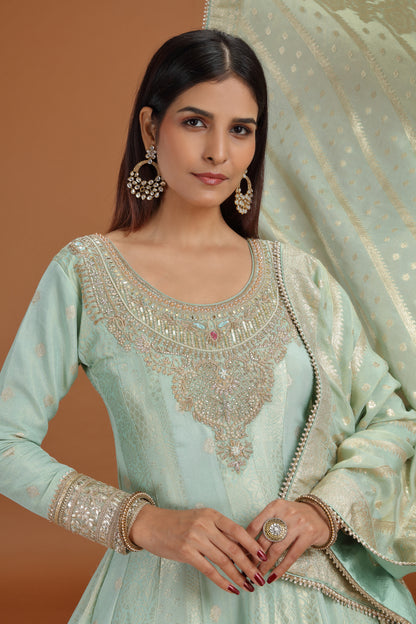 Pista Green Banarasi Silk Gown with Mirror, Sequins & Pearl Work