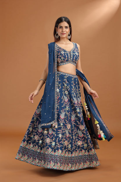 Blue Art Raw Silk Lehenga Set with Crepe Dupatta & Zari Work