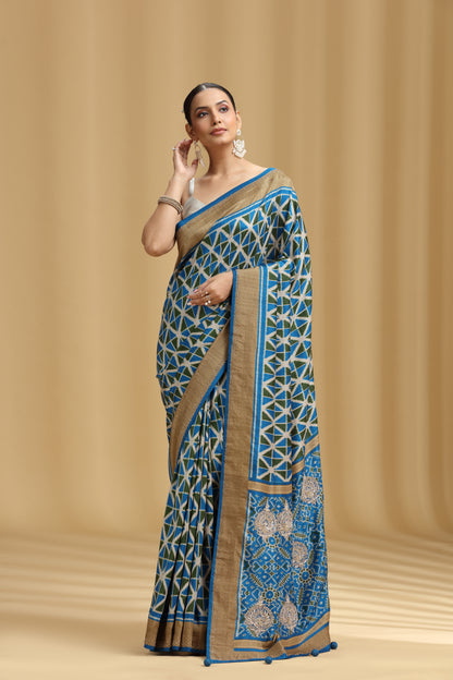 Blue Crepe Saree with Cutdana, Swarovski & Tikki Work (Unstitched)