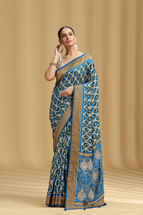 Blue Crepe Saree with Cutdana, Swarovski & Tikki Work (Unstitched)