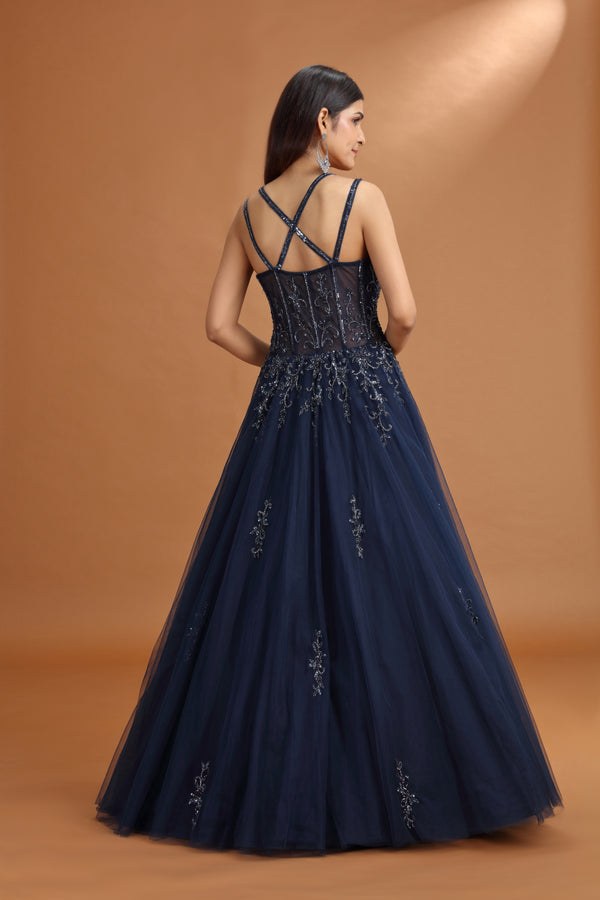 Navy Net Gown with Subtle Sequins & Cutdana Embellishment