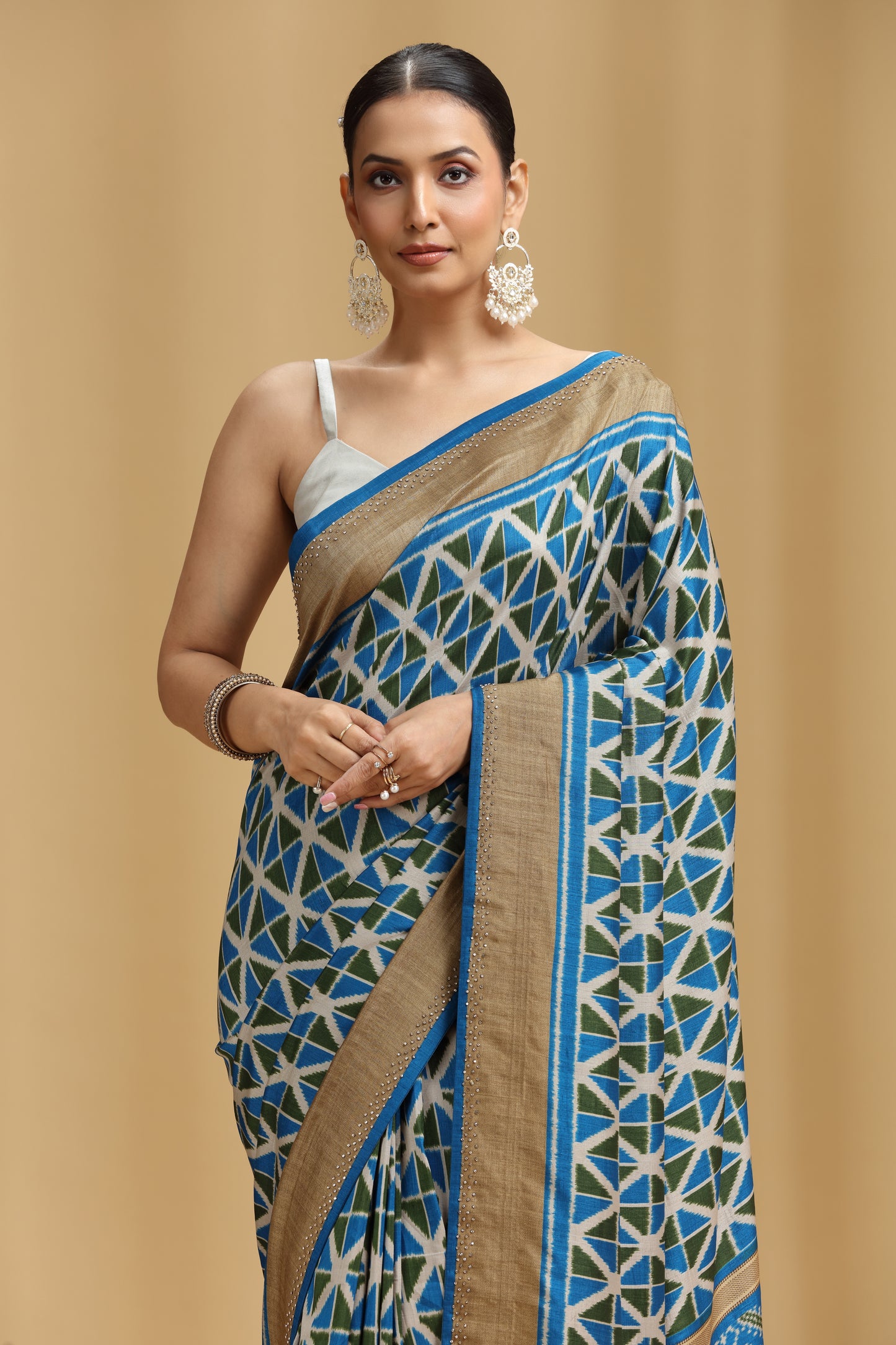 Blue Crepe Saree with Cutdana, Swarovski & Tikki Work (Unstitched)