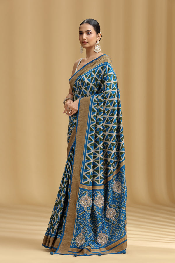Blue Crepe Saree with Cutdana, Swarovski & Tikki Work (Unstitched)