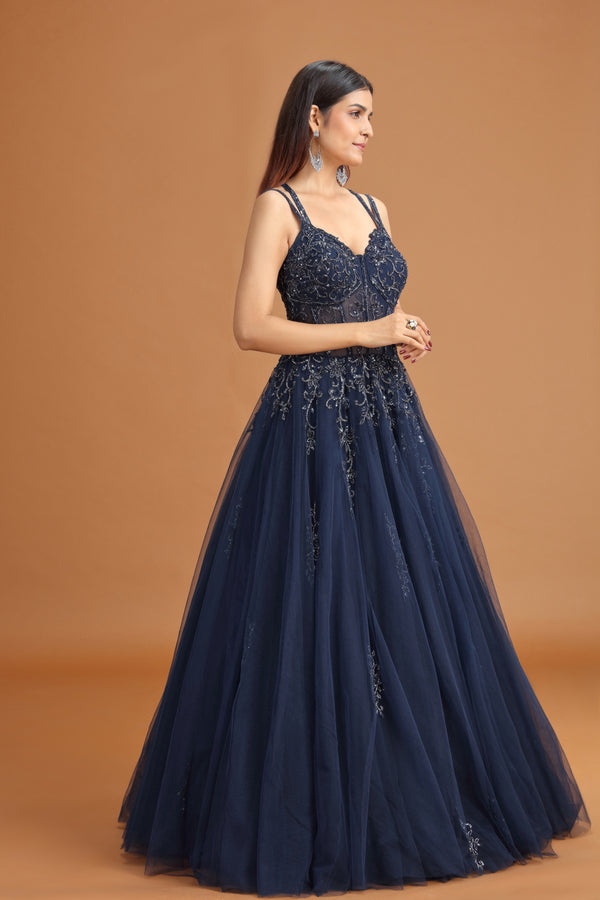 Navy Net Gown with Subtle Sequins & Cutdana Embellishment