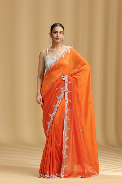 Orange Crepe Saree with Sequins, Cutdana, Stone & Tikki Work (Unstitched)