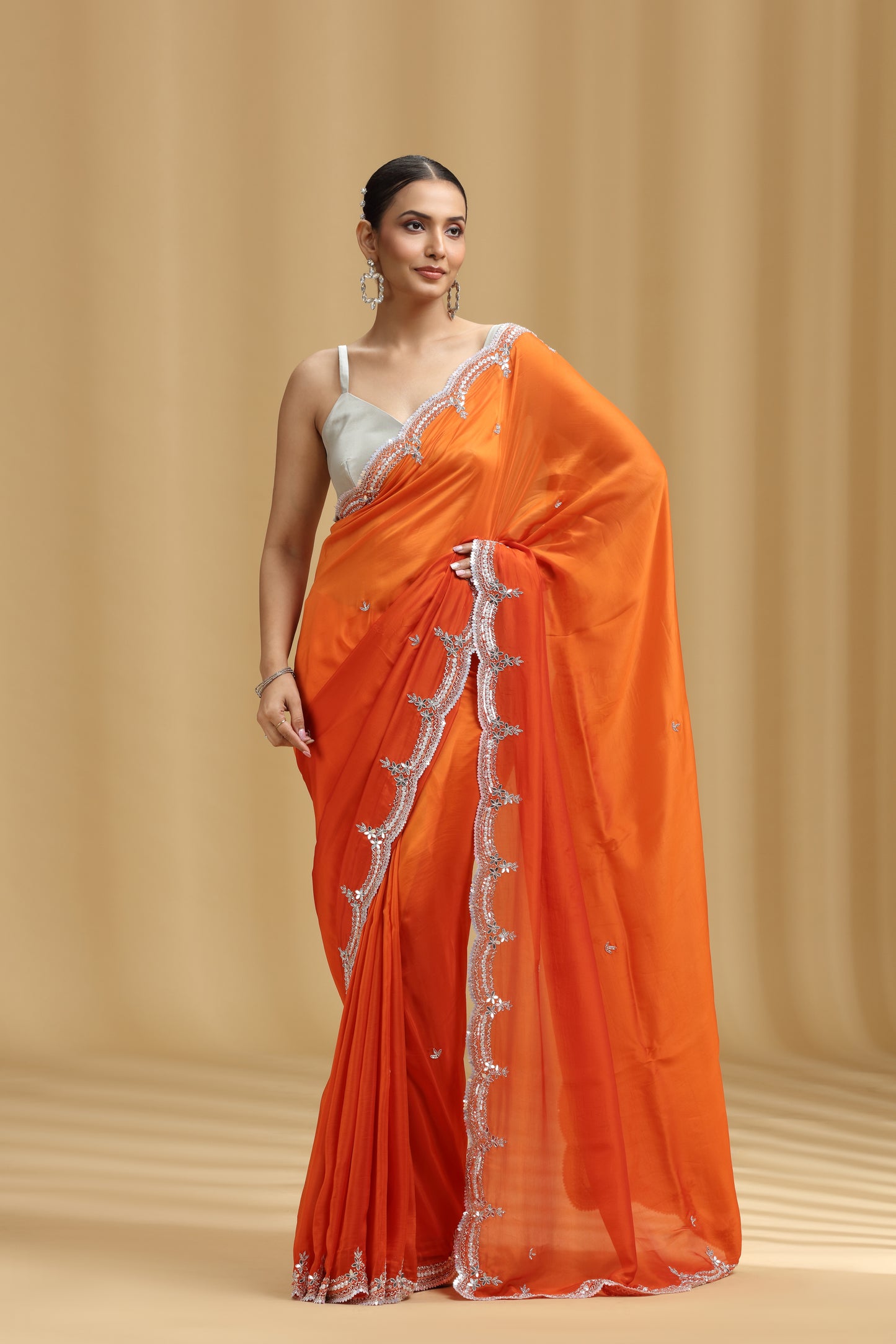 Orange Crepe Saree with Sequins, Cutdana, Stone & Tikki Work (Unstitched)
