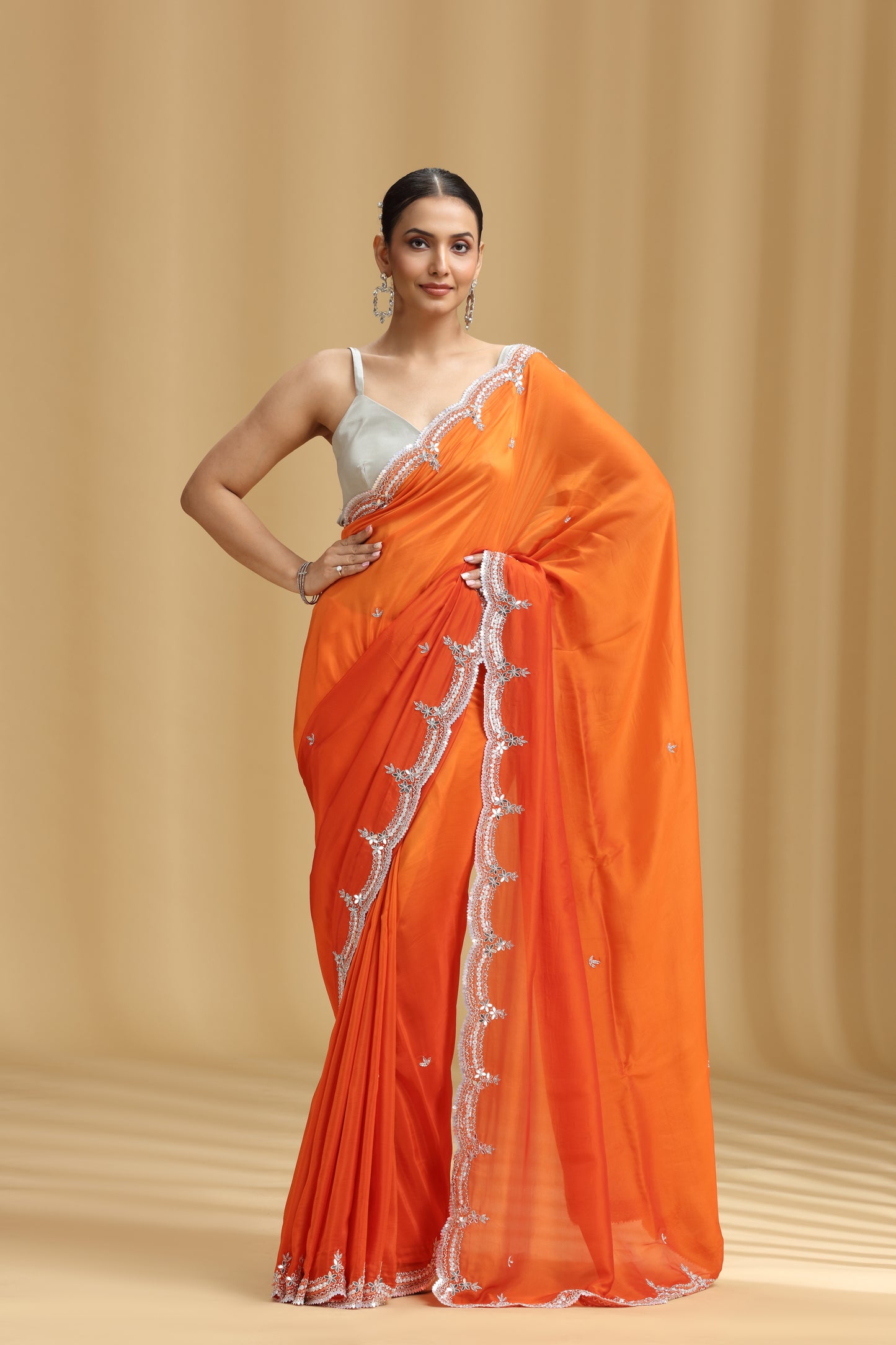 Orange Crepe Saree with Sequins, Cutdana, Stone & Tikki Work (Unstitched)