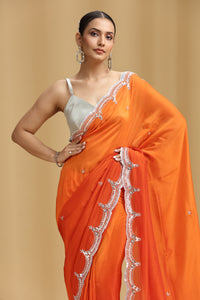 Orange Crepe Saree with Sequins, Cutdana, Stone & Tikki Work (Unstitched)